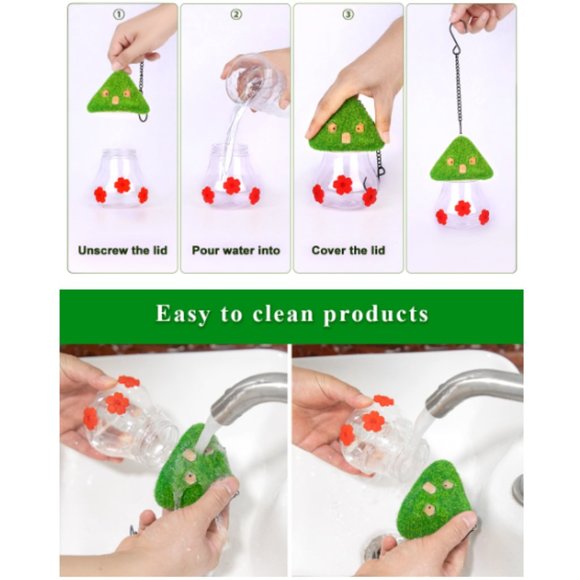 Hummingbird Feeder w/ Green Thatched Roof Style + 3 Red Petal Spouts - Picture 9 of 11